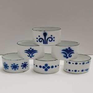 🍒 Enamel Set of 6 Metal Oval Napkin Rings White & Blue Shabby Chic Cottagecore